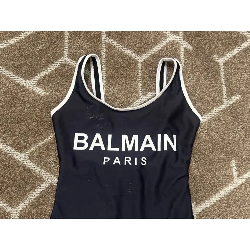 Balmain Paris Black & White Logo One-Piece Swimsuit Italy Ref T500-B433U Size S